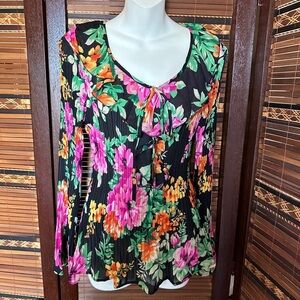 Kataya Top Sz M Black + Floral Ruffles Bell Sleeves Modern Pleated Avante Garde